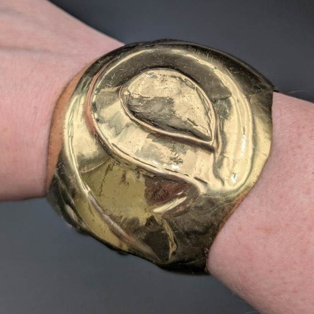 Metal Bracelet Gold Tone Cuff Hand-formed Polished Abstract Made in India Boho